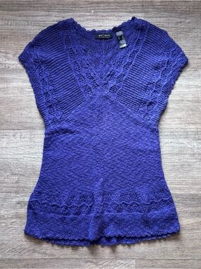 Y2K Open Knit Short Sleeve Sweater Top Dark Purple Sz XL Axcess Liz Claiborne